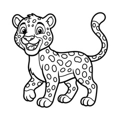 Cartoon leopard coloring page vector, cute baby cheetah line art illustration, smiling spotted jaguar character for kids activity book