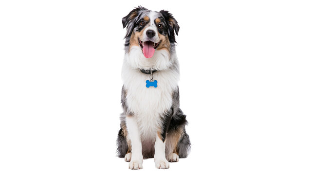 Australian Shepherd dog sitting with blue bone tag