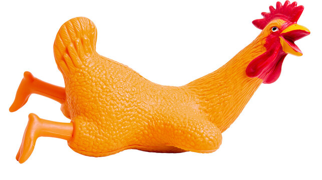 Orange rubber chicken toy with red comb and wattle