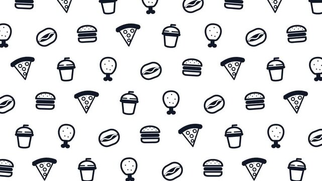 Seamless looping motion background of black and white line art fast food icons flat vector animation