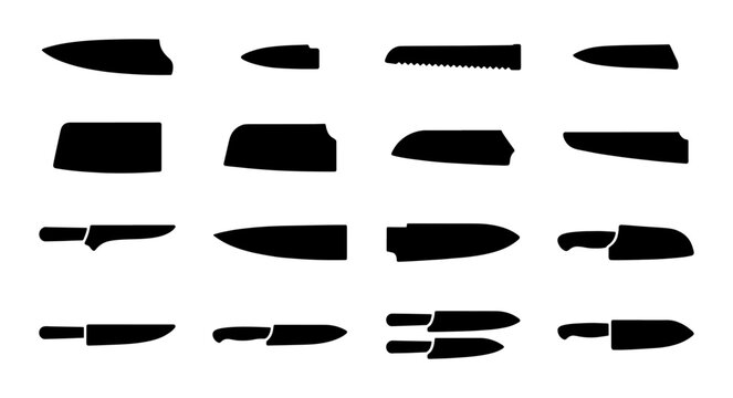 Diverse Kitchen Knife Silhouettes, Chef Knives, Utility Cutlery Icons, Culinary Tools Set, Black Vector Shapes for Food Preparation Graphics