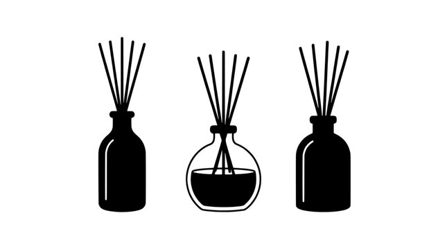 Set of three reed diffuser icons with aromatic sticks in glass bottles, aromatherapy and home fragrance collection