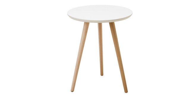 Round white side table with three wooden legs