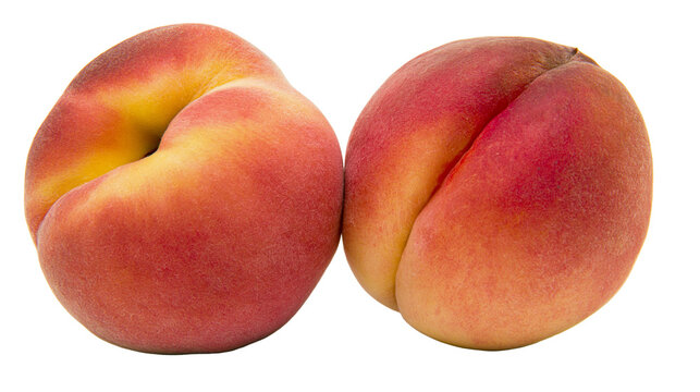 Two ripe peaches with red and yellow skin