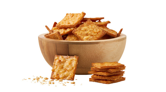 Square cheese crackers in wooden bowl with stack and crumbs