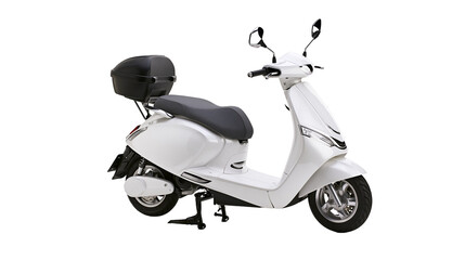 White electric scooter with black storage box and dark seat © Carmen