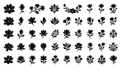 Fototapeta premium Modern Magnolia Botanical Silhouette Collection with Floral Branch and Leaf Vector Icons