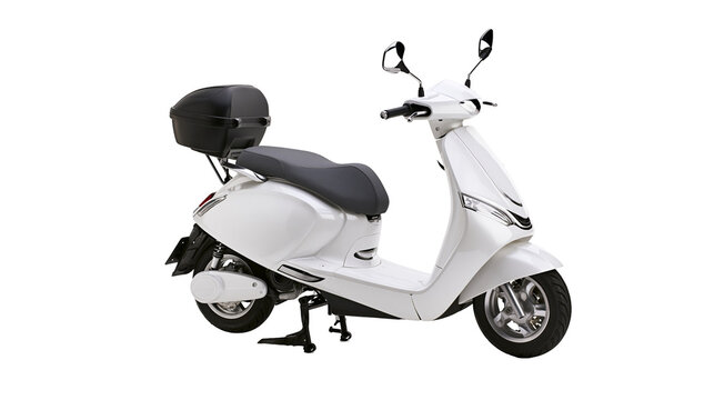White electric scooter with black storage box and dark seat