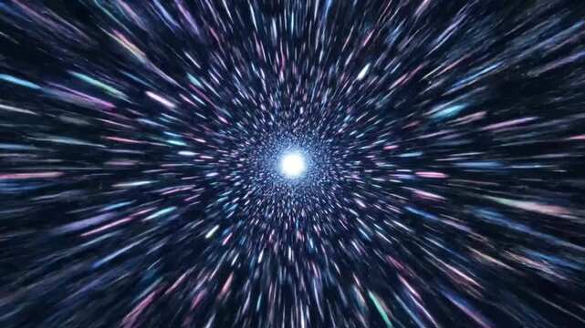 Abstract hyperspace jump through starfield light tunnel.