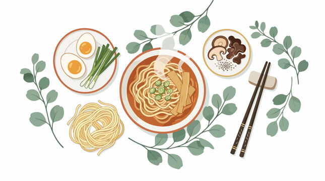 Colorful Asian Noodle Dish with Eggs and Garnishes.