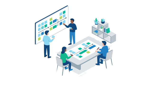 Business Professionals Collaborating on Agile Project Planning Visualizing Tasks on an Interactive Whiteboard and Table During a Discovery Workshop