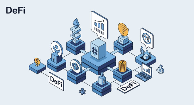 DeFi Vector Illustration Featuring Isometric Icons and Digital Elements