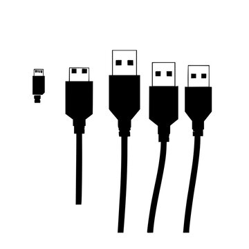 Set of five different types of USB cables arranged in a row, each with distinct connectors at both ends, depicted in a minimalist, flat design style. The cables are shown in black and white, with c...