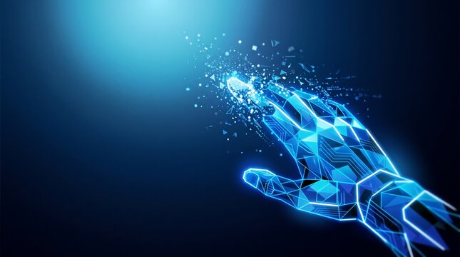 Glowing blue robotic hand with circuit board design and neon light effects on dark background with digital particles