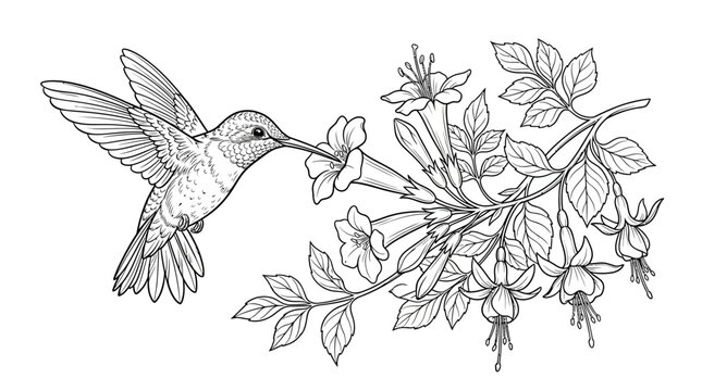 A hummingbird is flying towards and drinking nectar from a flowering plant with leaves.