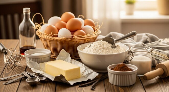 Baking ingredients on a rustic wooden kitchen table.