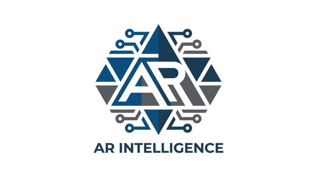Create a futuristic AR logo featuring geometric shapes and ci elements on a professional landscape