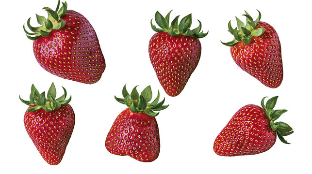 Six ripe red strawberries with green leaves