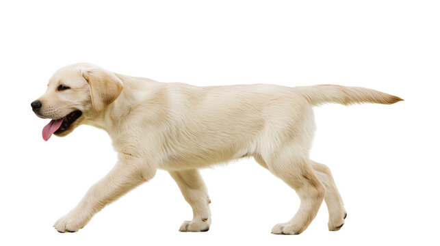 Golden Labrador puppy walking with tongue out