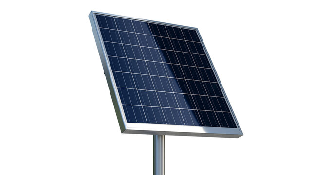 Single solar panel on metal pole angled view, dark blue cells