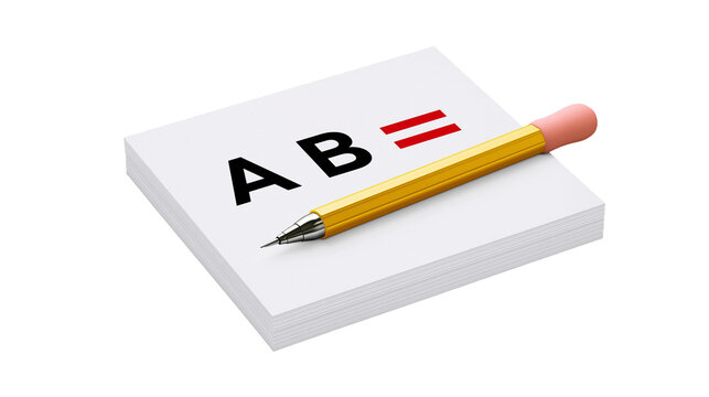 Yellow pencil on stack of paper with AB text