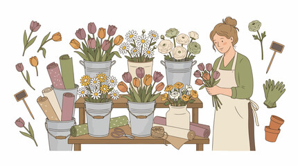 Florist arranging colorful flowers in a shop display. © Lilik