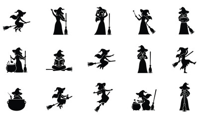 Obraz premium Set of fifteen black silhouette showing witch characters in various poses, performing magic, and using broomsticks for halloween