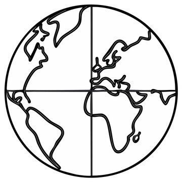 Stylized outline of the Earth's globe with continents and meridians crossing at the equator