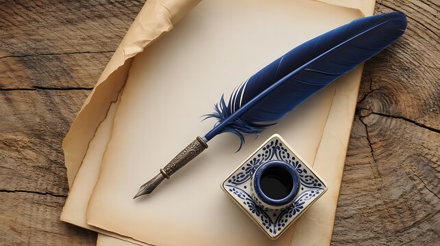 Vintage feather quill pen with ink bottle on aged paper writing desk