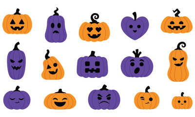 Fototapeta premium Set of fifteen halloween pumpkin characters in orange and purple colors with various facial expressions on a white background isolated