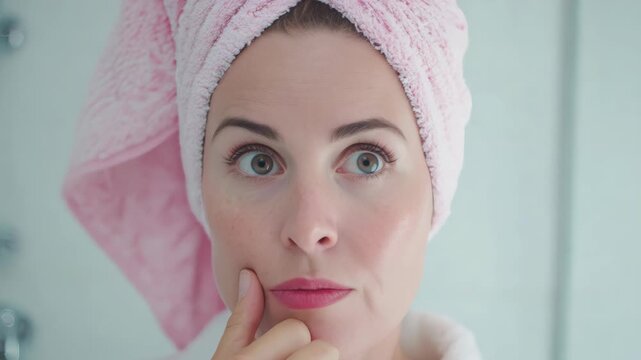 Woman with towel wrapped around her head and neck, deep in thought with hand on chin.