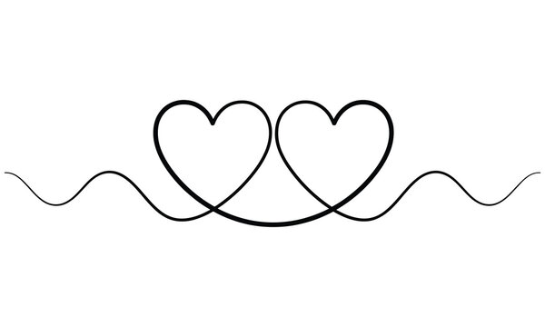 Simple continuous line of two hearts joined together in a single black stroke on a clean white background, for romantic use