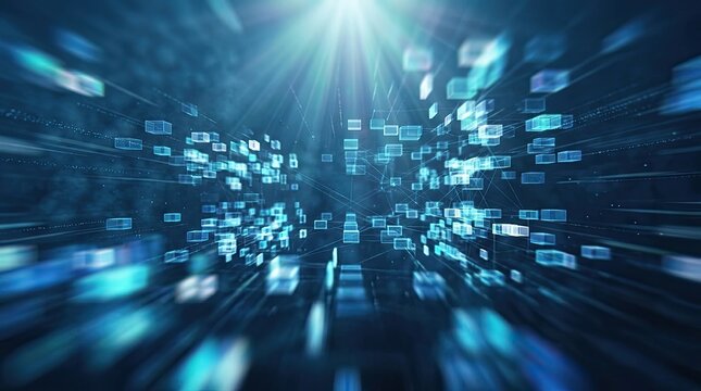Digital data blocks floating in a futuristic cyberspace environment with glowing blue cubes and interconnected lines illuminated by bright light rays representing technology