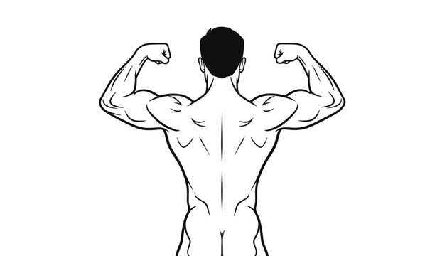 Detailed black and white line illustration of a muscular male figure performing a back pose shows strong anatomy and physical development.