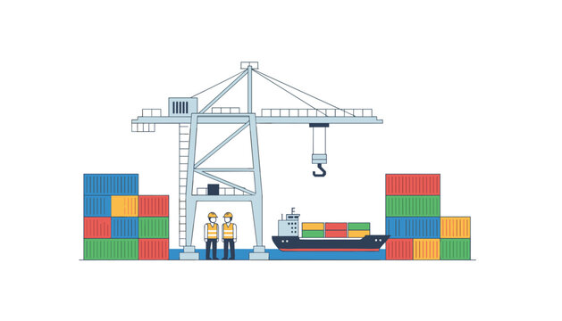 Port logistics terminal features a tall crane loading containers onto a cargo ship while two workers observe operations in the dockyard area.