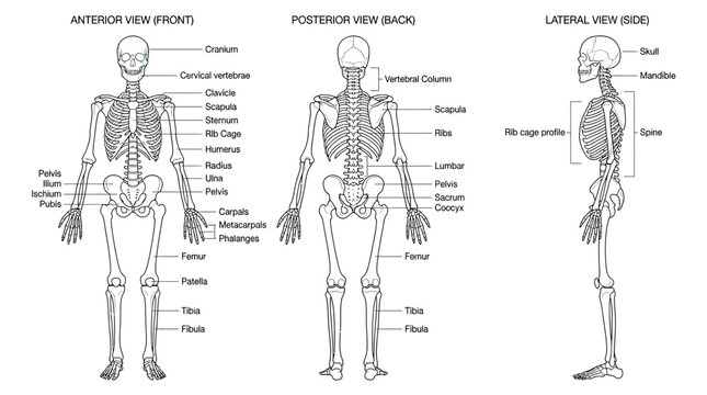 Anatomical Human Skeleton Diagram: Front, Back, and Side Views