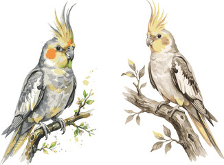 Cockatiel birds perched on branches watercolor style illustration cockatiel watercolor illustration wildlife painting transparent background isolated artistic feathers