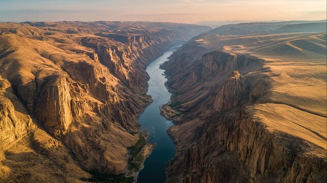 ravine. A deep narrow gorge carved by a river, aerial view at golden hour. travel magazines, destination branding, designed for outdoor magazines and nature guides, elevates destination branding.