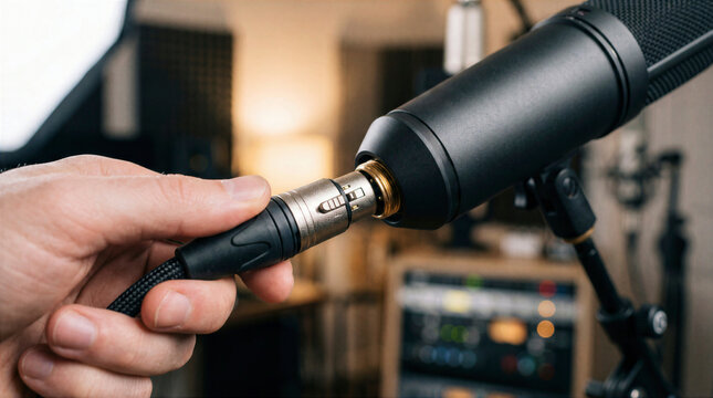 Hand connecting XLR audio cable to professional condenser microphone in recording studio