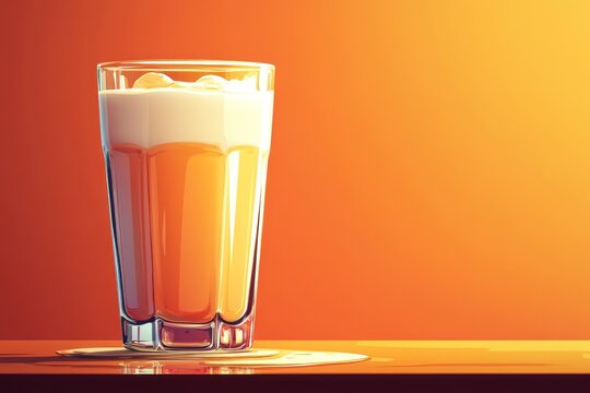 A refreshing glass of beer with a thick layer of creamy foam sits on a wooden table against a vibrant orange background