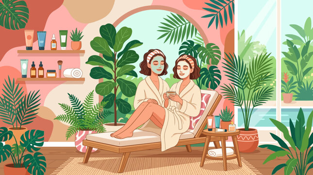 relaxed woman in bathrobe and pink headband sitting in armchair wiping face with cotton pad