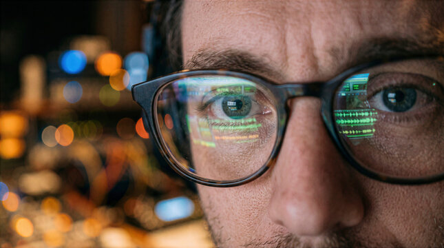 Close-up of man wearing glasses reflecting digital audio waveforms and computer code in a dark studio