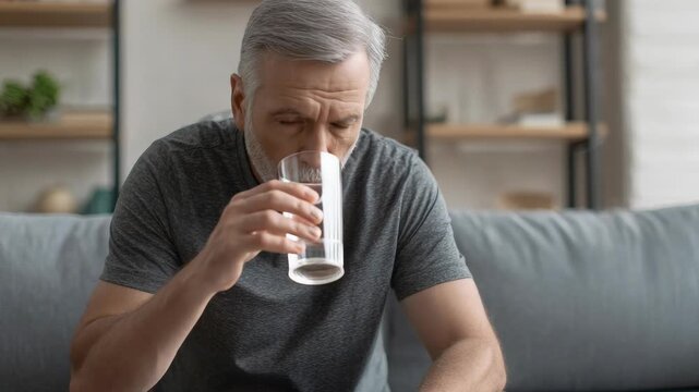 Senior man sips water at home. He sits quietly, holding a glass. His expression shows mild discomfort. Light filters through a window. Cozy living room background. No animals or plants present