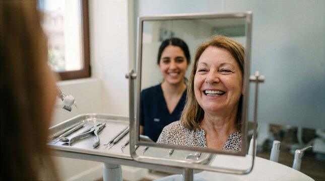 Happy senior woman smiling at reflection in mirror during dental appointment with dentist background.