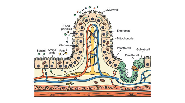 Intestinal Villi Structure and Nutrient Absorption Diagram