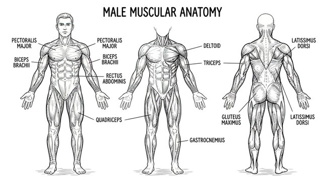 Male Muscular Anatomy Diagram: Front, Side, and Back Views with Labels