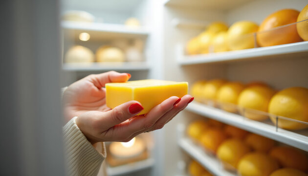 Woman holding block of cheddar cheese in front of cold storage refrigerator with shelves full of yellow spherical cheese wheels. Food storage and dairy production quality control concept.