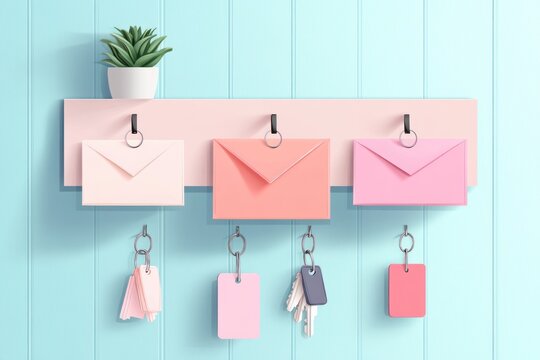 A pastel-colored wooden board holds three envelopes and hooks with keys