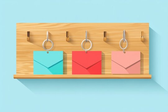 A wooden key holder with three envelopes in different colors
