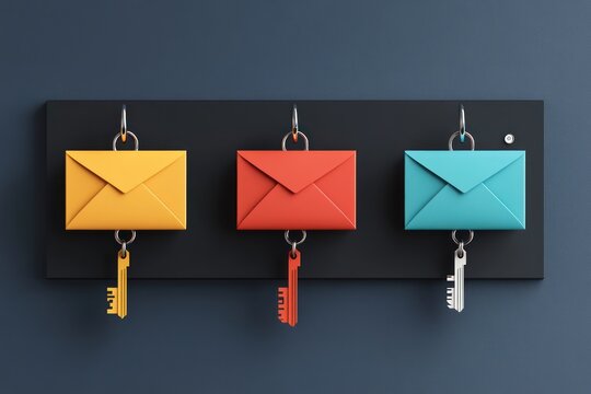 A black key holder with three colorful envelopes and keys